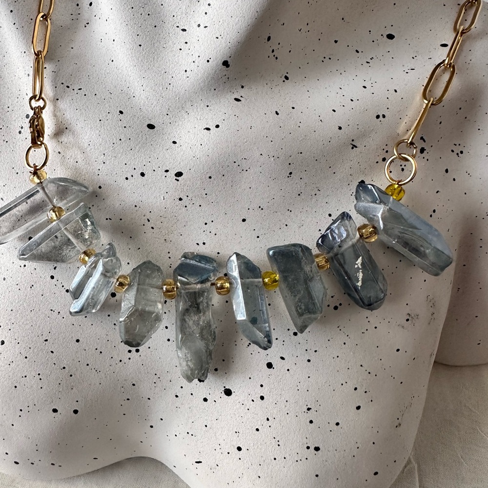 18K GOLD PLATED PAPERCLIP NECKLACE SMOKEY BLUE QUARTS 20.75” - Picture 5 of 7
